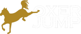 Logo with a gold horse silhouette and 'Oxer Jump' text on a white background